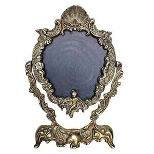 Vintage French Gothic Silver Plated Cherubs Rococo Tabletop Swivel Mirror Frame